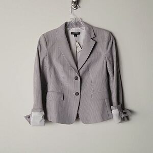 NWT Ann Taylor 0 2 SeerSucker Blue Stripe Jacket Blazer Academia Office Stretchy